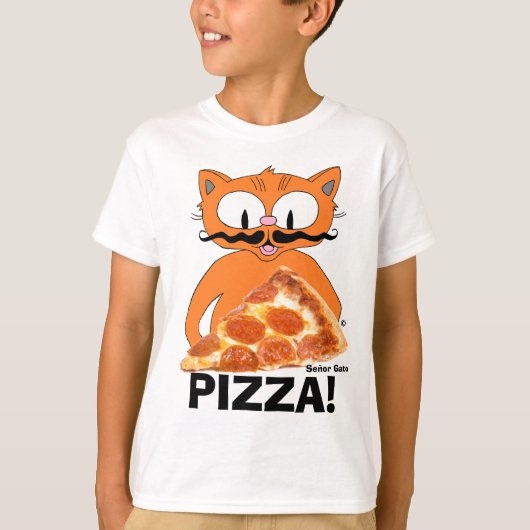 PIZZA! カートゥーン・ヒゲ猫とピザ Tシャツ (正面)
