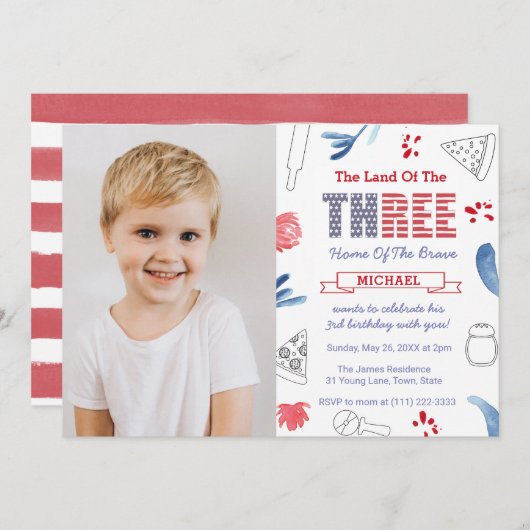 Pizza 3rd Birthdayパーティーイタリアンアメリカ写真 招待状 (正面/裏面)