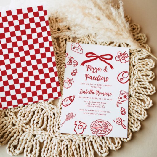 Pizza and pacifiers Italian theme Bow Baby Shower 招待状