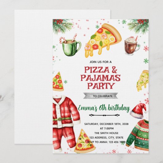 Pizza and Pajamas Christmas Invitation 招待状 (正面/裏面)