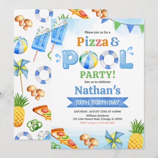  Pizza and Pool Birthday Party 招待状 (正面/裏面)