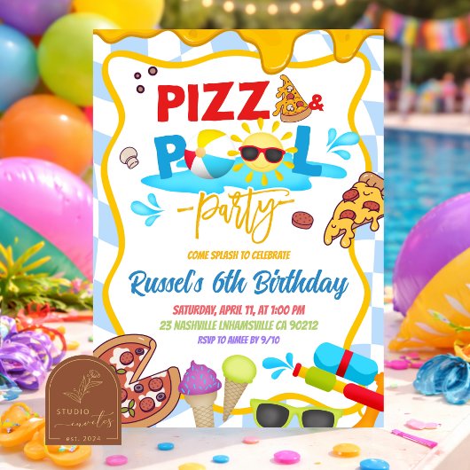 Pizza and Pool Birthday party invitation 招待状