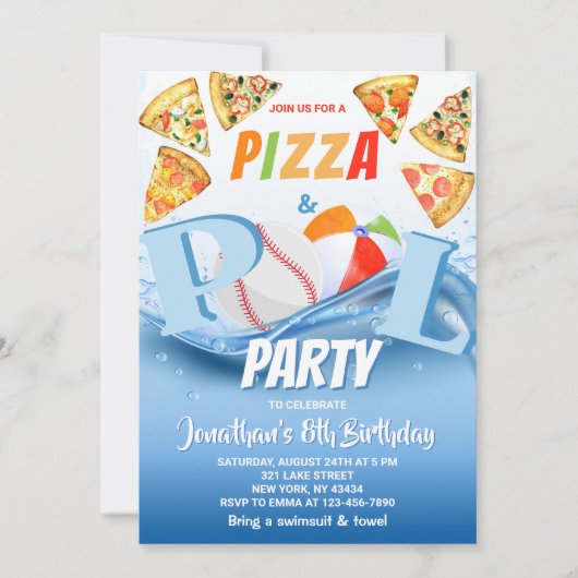 Pizza and Pool Party Birthday  招待状 (正面)