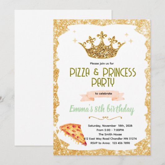 Pizza and Princesses party Invitation 招待状 (正面/裏面)