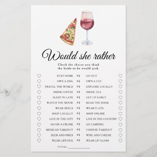 Pizza and Wine Bridal shower Would she rather (正面)