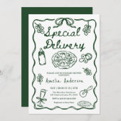 Pizza Hand Drawn Special Delivery Baby Shower 招待状 (正面/裏面)