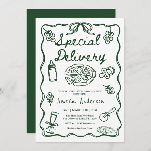 Pizza Hand Drawn Special Delivery Baby Shower 招待状 (正面/裏面)