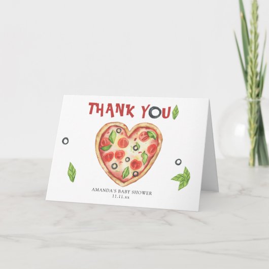 pizza heart watercolor baby shower THANKS サンキューカード (正面)