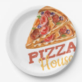 Pizza House Watercolor Slice Logo Art ペーパープレート (正面)