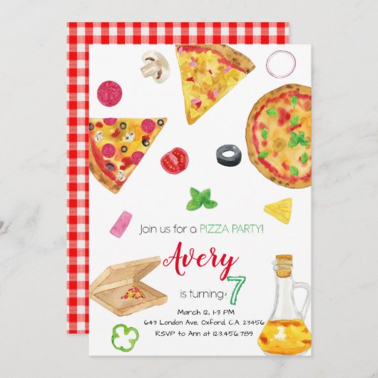 Pizza Invitation, Pizza Invite, Pizza Birthday 招待状 (正面/裏面)