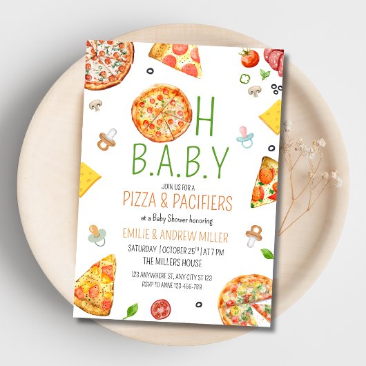 Pizza & Pacifiers Baby Shower, Pizza Baby Shower 招待状