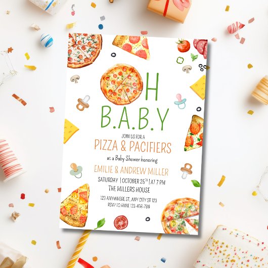 Pizza & Pacifiers Baby Shower, Pizza Baby Shower 招待状