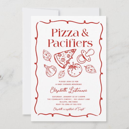 Pizza & Pacifiers Hand Drawn Italian Baby Shower 招待状 (正面)