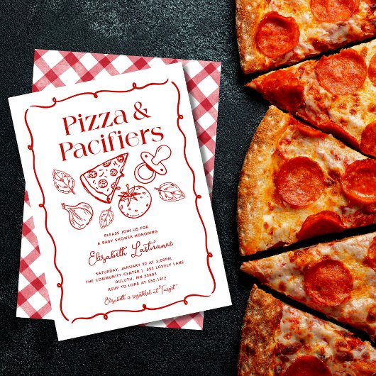 Pizza & Pacifiers Hand Drawn Italian Baby Shower 招待状