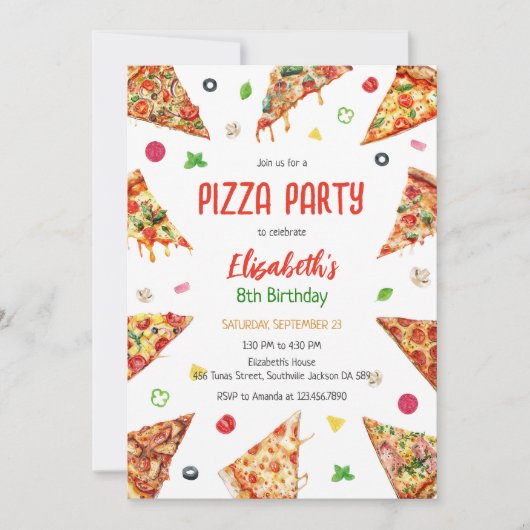 Pizza Party Birthday Invitation 招待状 (正面)