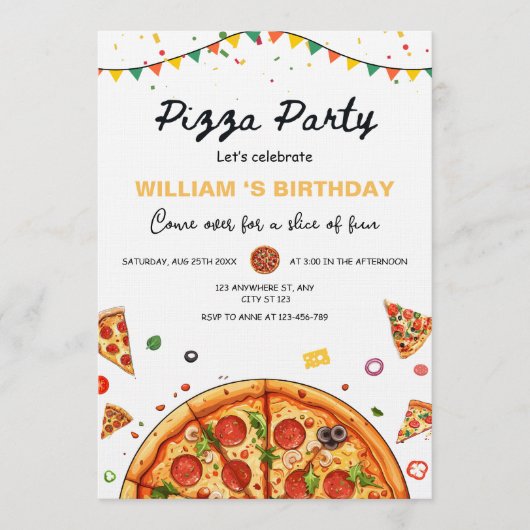 Pizza Party Birthday Invitation, Food Theme Barty 招待状 (正面)