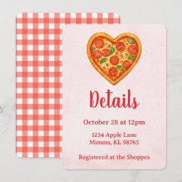 Pizza Party Details Card | Heart Pizza Red Checker 招待状