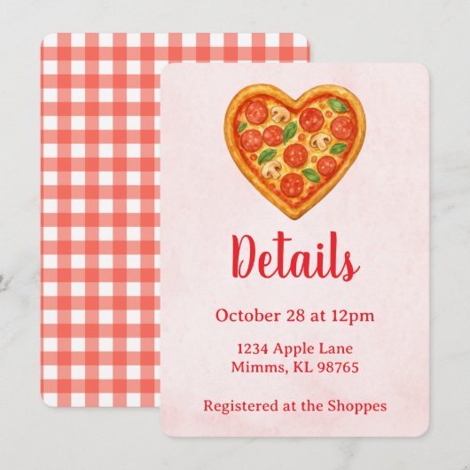 Pizza Party Details Card | Heart Pizza Red Checker 招待状 (正面/裏面)