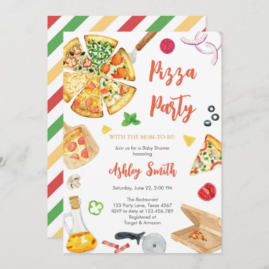 Pizza Party Invitation Pizza Birthday Party 招待状 (正面/裏面)