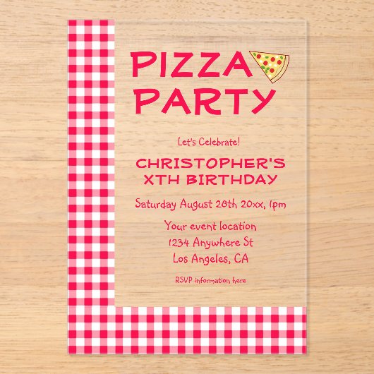 Pizza Party Kids Birthday アクリル招待状 (正面)