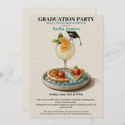 Pizza Pool Cocktail Graduation Celebration  招待状 (正面/裏面)