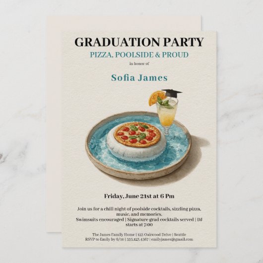 Pizza Pool Cocktail Graduation Celebration  招待状 (正面/裏面)