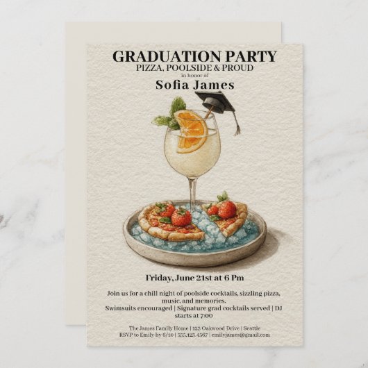 Pizza Pool Cocktail Graduation Celebration  招待状 (正面/裏面)