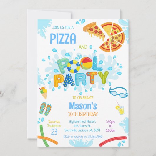 Pizza Pool Party Birthday Invitation 招待状 (正面)
