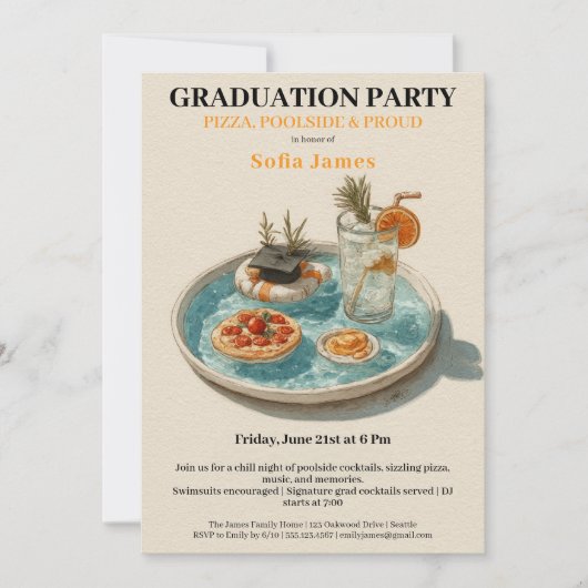 Pizza, Poolside, Pool Party | graduation party 招待状 (正面)