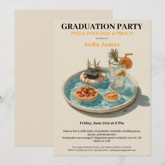 Pizza, Poolside, Pool Party | graduation party 招待状 (正面/裏面)