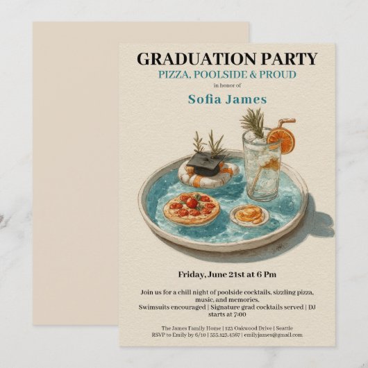 Pizza, Poolside, Pool Party | graduation party 招待状 (正面/裏面)