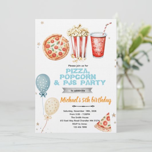 Pizza popcorn and pajamas party invitation 招待状 (スタンド正面)