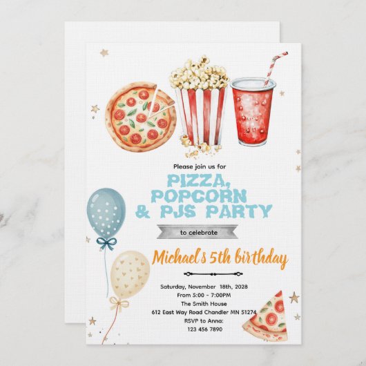 Pizza popcorn and pajamas party invitation 招待状 (正面/裏面)