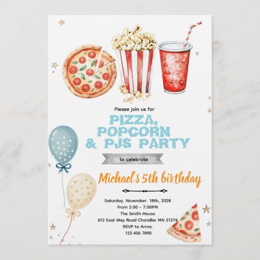 Pizza popcorn and pajamas party invitation 招待状 (正面)
