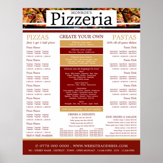 Pizza Restaurant, Pizzeria Menu ポスター (正面)