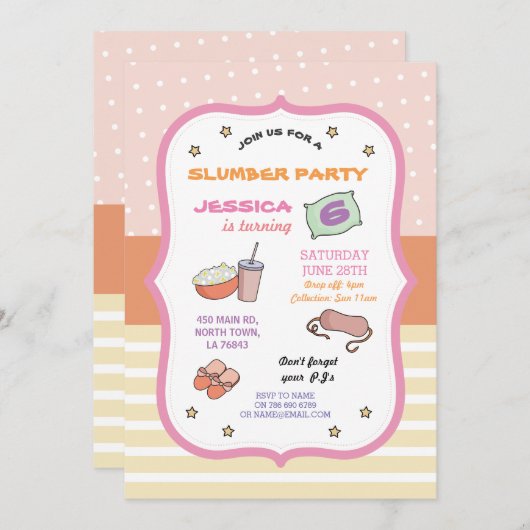 PJのパジャマの招待上のスランバー・パーティーの誕生日の睡眠 招待状 (正面/裏面)