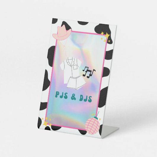 "PJs & DJs"ディスコ女性のカーボーイバッハパーティー標識 台座サイン (正面)