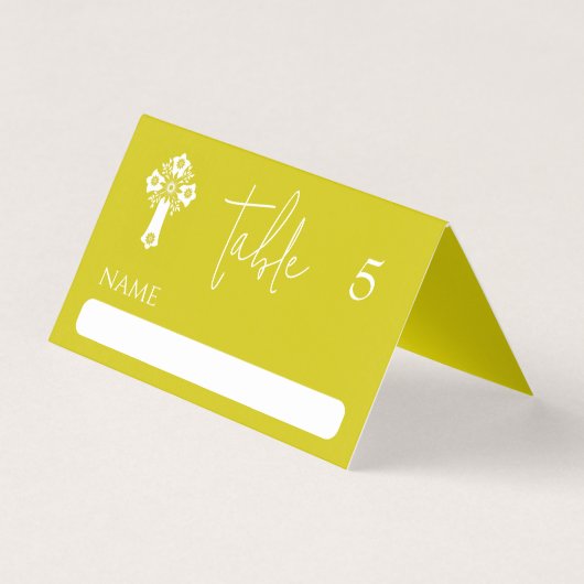 Place Card Floral Cross Christening Yellow (正面)