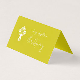 Place Card Floral Cross Christening Yellow