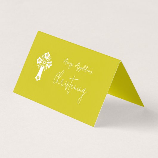 Place Card Floral Cross Christening Yellow (裏面)