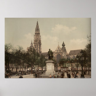 Place Verte and cathedral, Antwerp，ベルギー ポスター