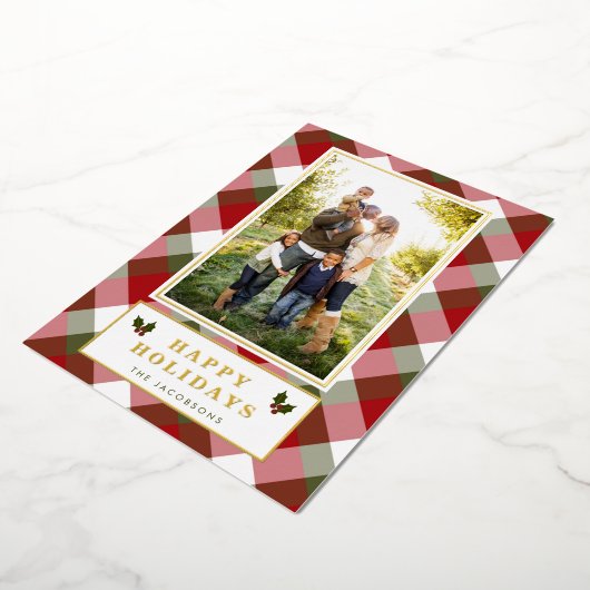 PlaidとHolly Greenと赤の写真はっきりした。 箔シーズンカード (回転した状態)