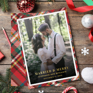 Plaidクリスマスフォト結婚したとメリー金ゴールド 箔シーズンカード