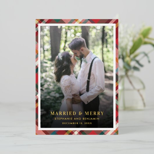 Plaidクリスマスフォト結婚したとメリー金ゴールド 箔シーズンカード (立ち正面)