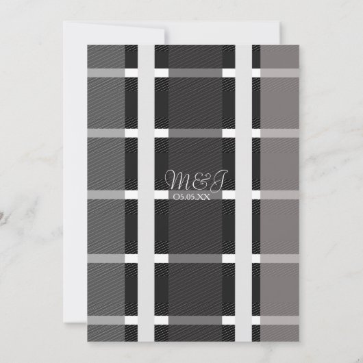 Plaidグモダンレイ白黒リングや輪のロ結婚ゴ 招待状 (裏面)