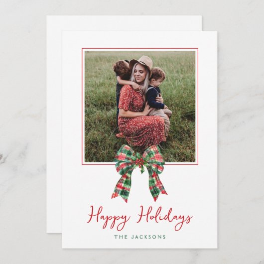 Plaidコケットボウ&ホリー写真クリスマス シーズンカード (正面/裏面)