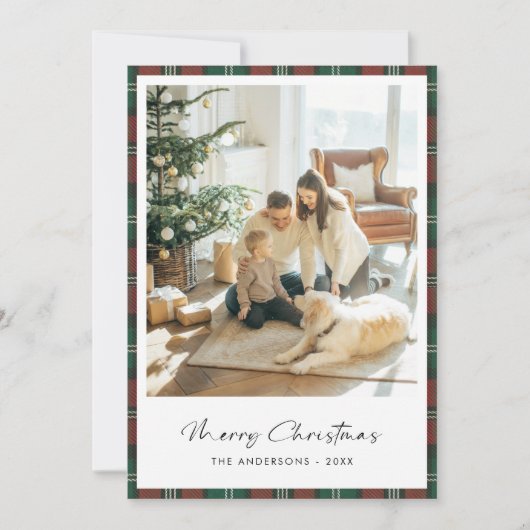 PlaidスクリプエレガントトMerry Christmas家族写真 シーズンカード (正面)