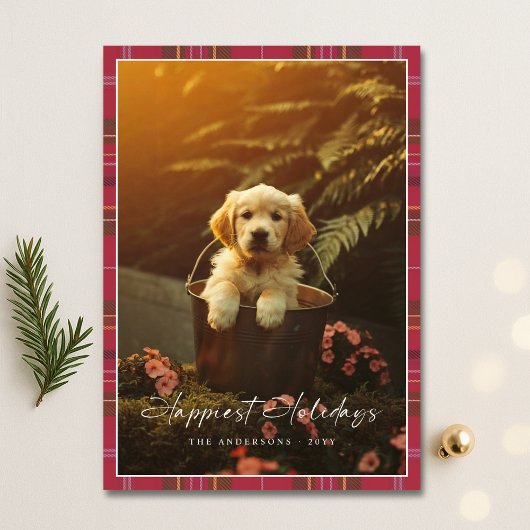 PlaidスクリプモダントHappiest Holidays子犬の写真 シーズンカード