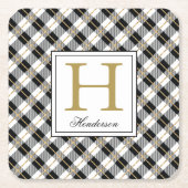 Plaidモダンチェック金ゴールドアクセントモノグラムの、 スクエアペーパーコースター (正面)