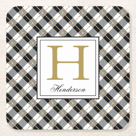 Plaidモダンチェック金ゴールドアクセントモノグラムの、 スクエアペーパーコースター (正面)